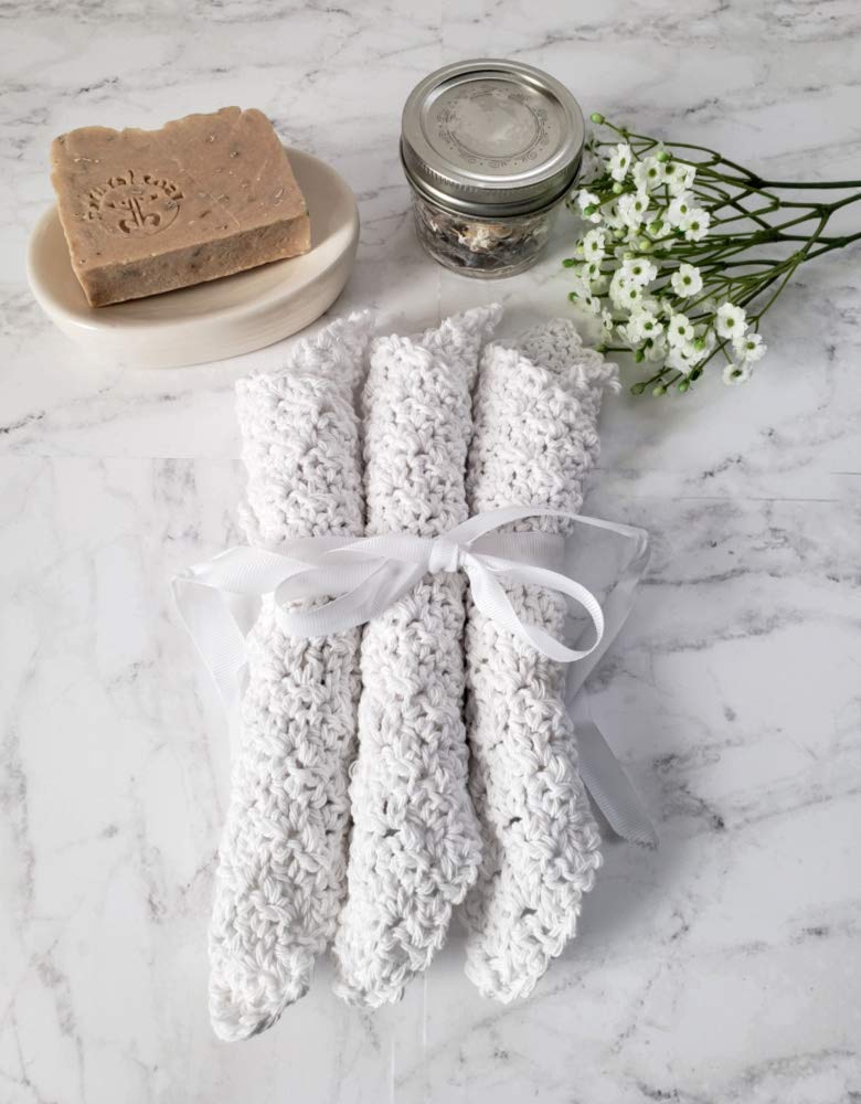 Handmade Cotton Kitchen Dish Cloths White Set of 3 Eco Friendly Wash Cloths Crochet Dishcloths