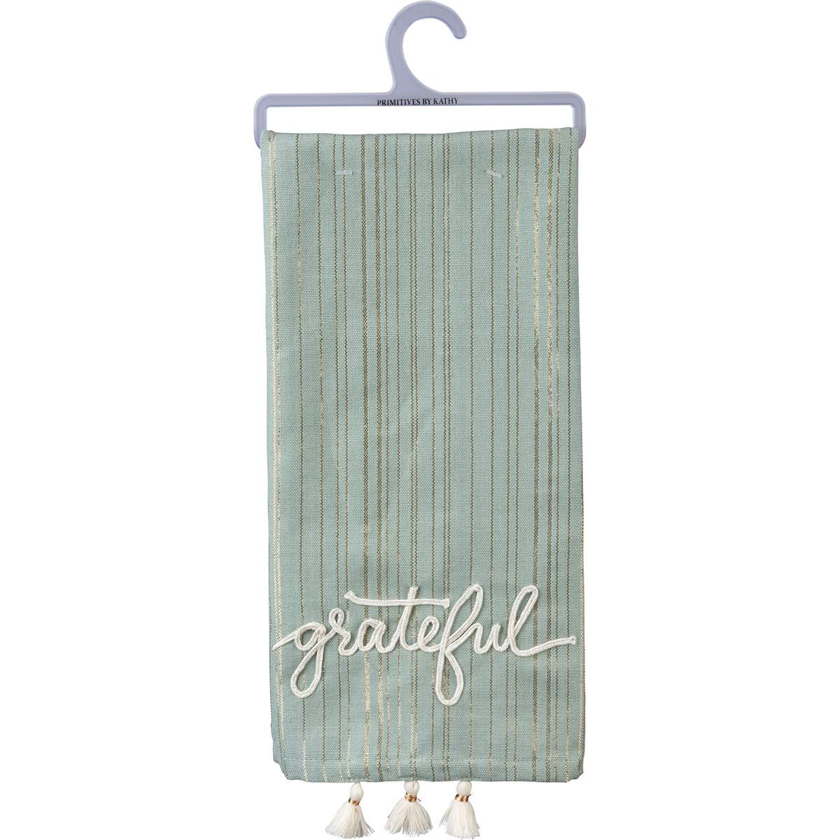 Primitives by Kathy Grateful Dish Towel with Decorative Tassels, Green, 20" x 28"