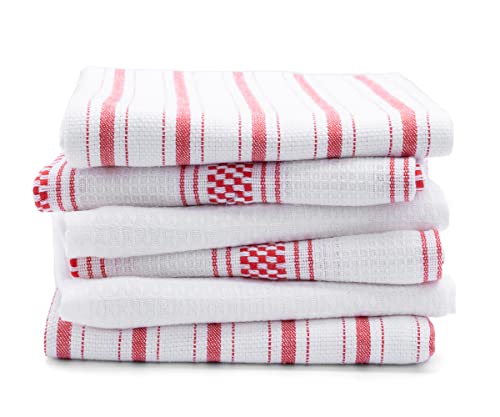 6 Pack Red Cotton Dish Towels for Kitchen - Ticking Stripe Dish Towels - Kitchen Hand Towels - Farmhouse Dish Towels - Red Kitchen Towels Linen - Soft, Highly Absorbent, Hanging Loop, 18”x 28”