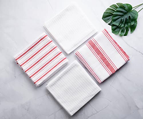 6 Pack Red Cotton Dish Towels for Kitchen - Ticking Stripe Dish Towels - Kitchen Hand Towels - Farmhouse Dish Towels - Red Kitchen Towels Linen - Soft, Highly Absorbent, Hanging Loop, 18”x 28”