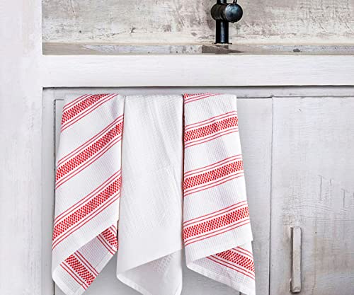 6 Pack Red Cotton Dish Towels for Kitchen - Ticking Stripe Dish Towels - Kitchen Hand Towels - Farmhouse Dish Towels - Red Kitchen Towels Linen - Soft, Highly Absorbent, Hanging Loop, 18”x 28”