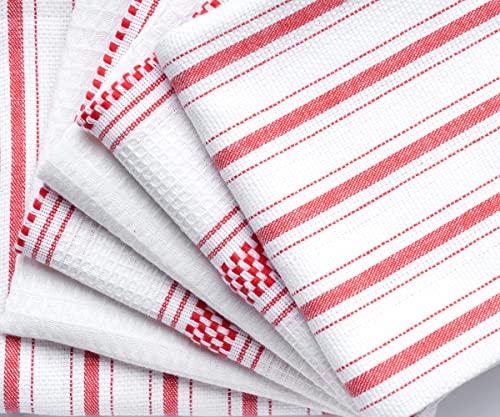 6 Pack Red Cotton Dish Towels for Kitchen - Ticking Stripe Dish Towels - Kitchen Hand Towels - Farmhouse Dish Towels - Red Kitchen Towels Linen - Soft, Highly Absorbent, Hanging Loop, 18”x 28”