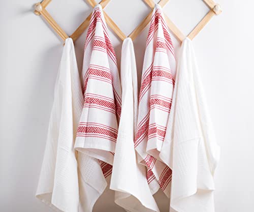 6 Pack Red Cotton Dish Towels for Kitchen - Ticking Stripe Dish Towels - Kitchen Hand Towels - Farmhouse Dish Towels - Red Kitchen Towels Linen - Soft, Highly Absorbent, Hanging Loop, 18”x 28”