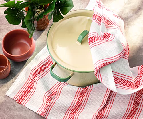 6 Pack Red Cotton Dish Towels for Kitchen - Ticking Stripe Dish Towels - Kitchen Hand Towels - Farmhouse Dish Towels - Red Kitchen Towels Linen - Soft, Highly Absorbent, Hanging Loop, 18”x 28”