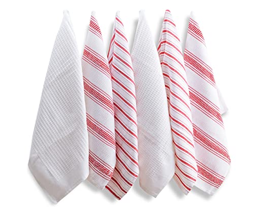 6 Pack Red Cotton Dish Towels for Kitchen - Ticking Stripe Dish Towels - Kitchen Hand Towels - Farmhouse Dish Towels - Red Kitchen Towels Linen - Soft, Highly Absorbent, Hanging Loop, 18”x 28”