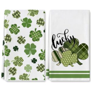 anydesign st. patrick's day shamrock kitchen towel green check plaids clover dish towel 18 x 28 inch lucky green hand drying tea towel for irish holiday cooking baking cleaning wipes, set of 2