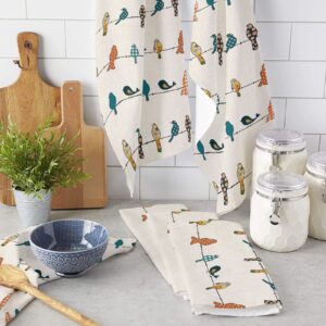 Chucoco Dish Towels for Kitchen, Hand Towel Cleaning Cloths Nature Vintage Birds Absorbent Fast Drying Dish Rags, Buffalo Lattice Floral Print Animal Bathroom Cloth Set of 2 with Hanging Loop