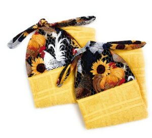 set of 2 - roosters chickens and sunflowers on black reversible ties on stays put yellow kitchen hanging loop hand dish towels
