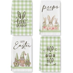 anydesign easter kitchen towel 18 x 28 green white buffalo plaids dishcloth easter bunny rabbit gnome cloth tea towel spring decorative hand towel for bathroom kitchen home cooking baking, 4pcs