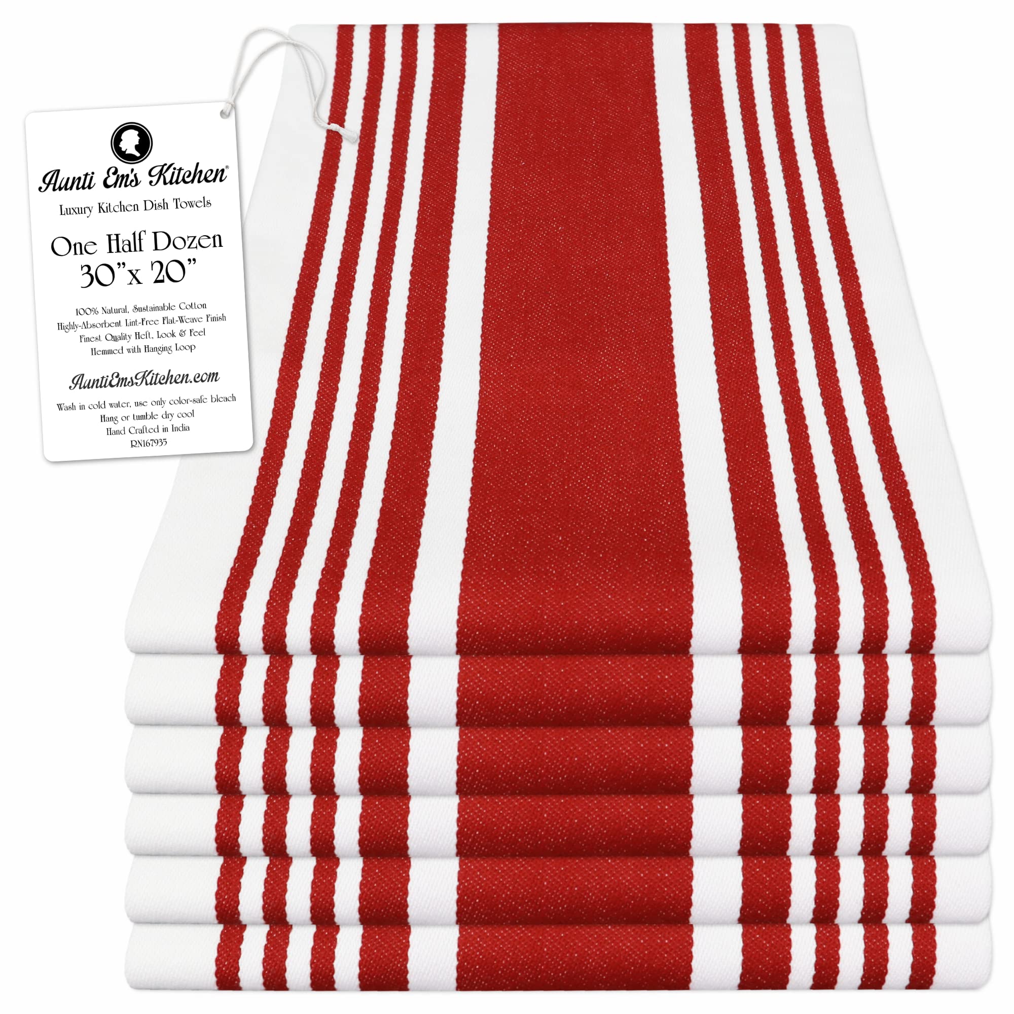 Aunti Em's Kitchen Designer Hand and Kitchen Dish Towels Woven from 100% Responsibly-Farmed, Thick, Luxurious Cotton, Oversized 20 x 30 inches, One Half Dozen, Wine Stripe