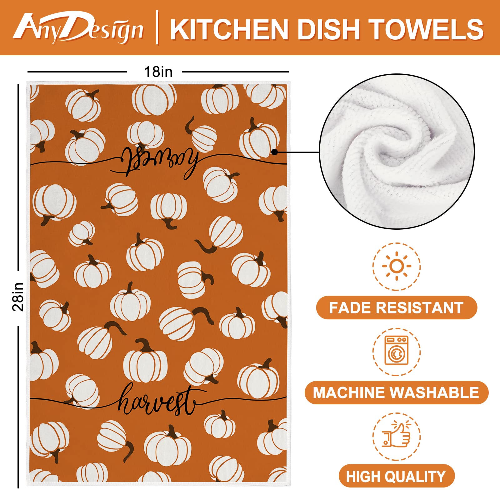 AnyDesign Fall Kitchen Dish Towel 18 x 28 Inch Pumpkin Maple Leaves Harvest Tea Towel Autumn Orange White Dishcloth Rustic Farmhouse Hand Drying Cloth Towel for Holiday Kitchen Cooking Baking, 4 Pack
