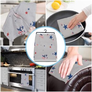 Zadaling Cotton Kitchen Towels July 4th Independence Day American USA Flag Day Theme Blue Red Stars Grey Kitchen Dish Cloths,Soft Absorbent Dish Towels,Bar Towels/Hand Towels for Bathroom 2 Pack