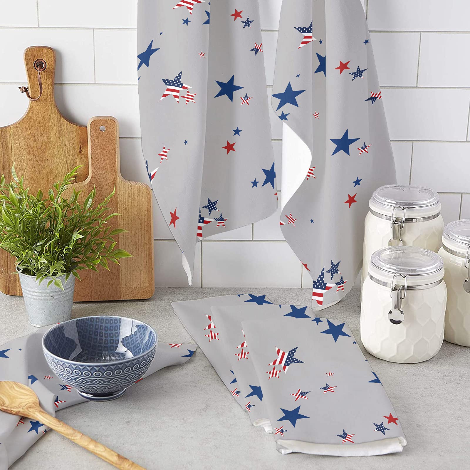 Zadaling Cotton Kitchen Towels July 4th Independence Day American USA Flag Day Theme Blue Red Stars Grey Kitchen Dish Cloths,Soft Absorbent Dish Towels,Bar Towels/Hand Towels for Bathroom 2 Pack