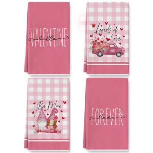 anydesign valentine's day kitchen towel pink romantic truck love gnome dish towel buffalo plaids sweet hand drying tea towel for wedding anniversary cooking baking, 18 x 28 inch, set of 4