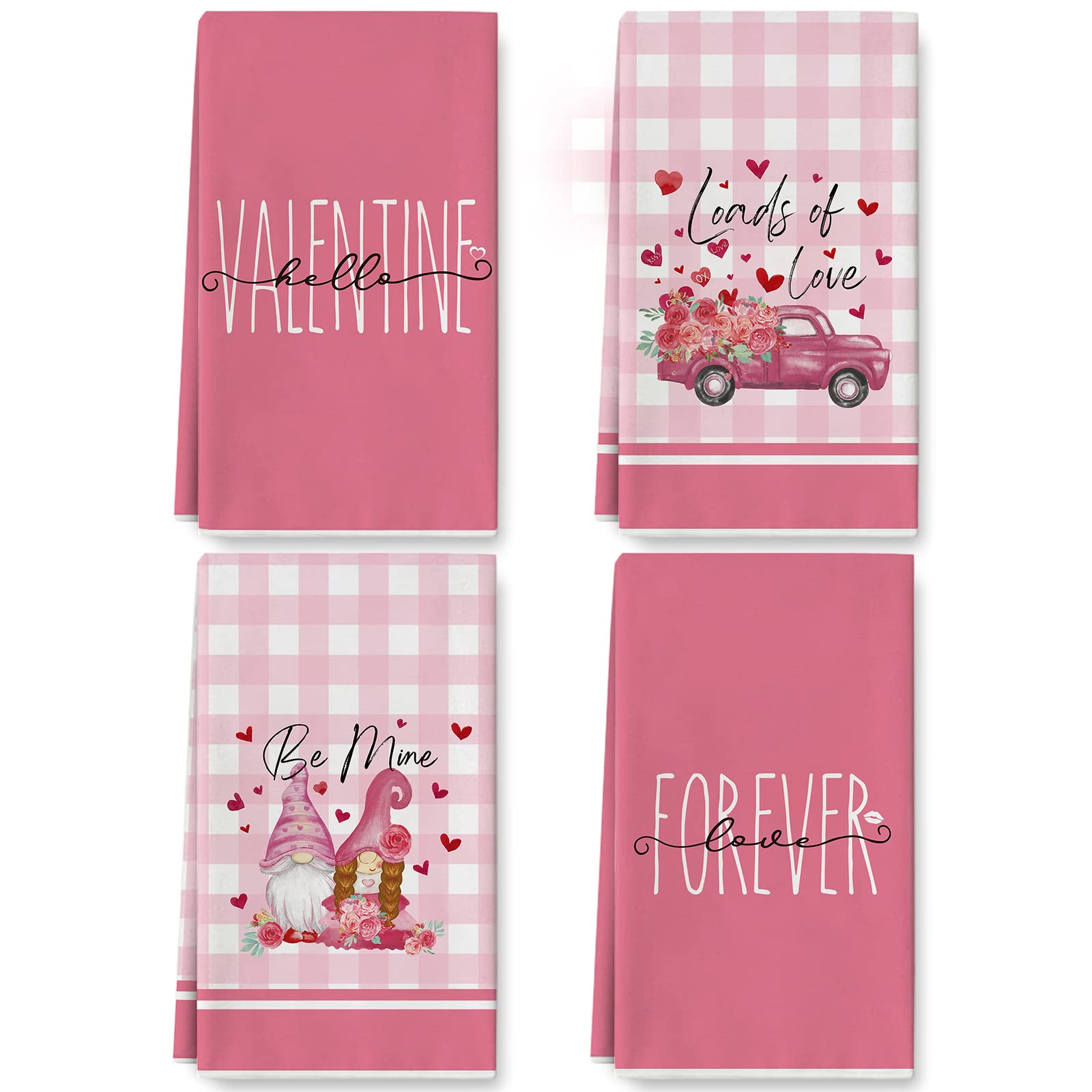 AnyDesign Valentine's Day Kitchen Towel Pink Romantic Truck Love Gnome Dish Towel Buffalo Plaids Sweet Hand Drying Tea Towel for Wedding Anniversary Cooking Baking, 18 x 28 Inch, Set of 4