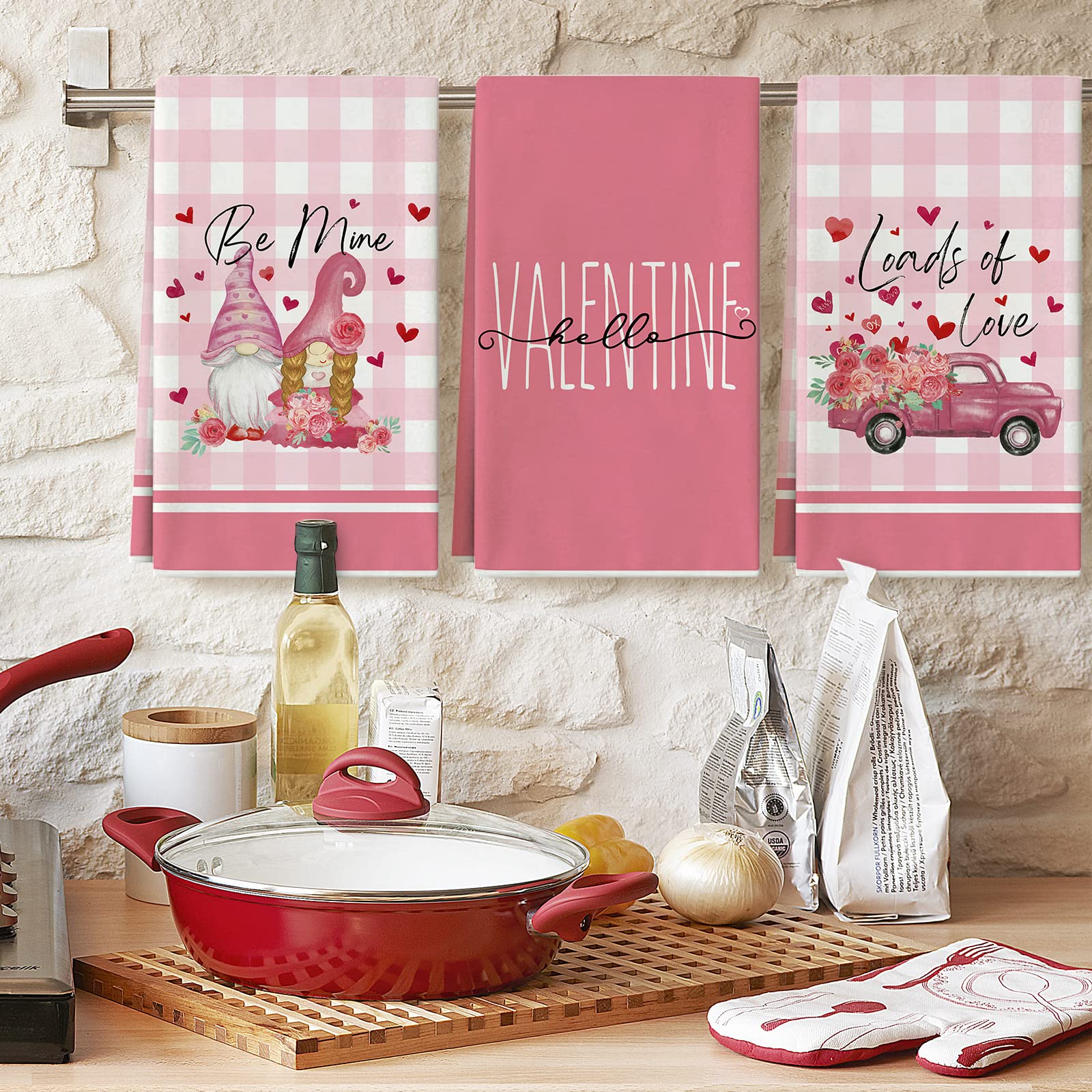 AnyDesign Valentine's Day Kitchen Towel Pink Romantic Truck Love Gnome Dish Towel Buffalo Plaids Sweet Hand Drying Tea Towel for Wedding Anniversary Cooking Baking, 18 x 28 Inch, Set of 4