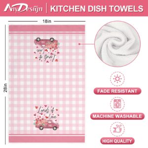 AnyDesign Valentine's Day Kitchen Towel Pink Romantic Truck Love Gnome Dish Towel Buffalo Plaids Sweet Hand Drying Tea Towel for Wedding Anniversary Cooking Baking, 18 x 28 Inch, Set of 4