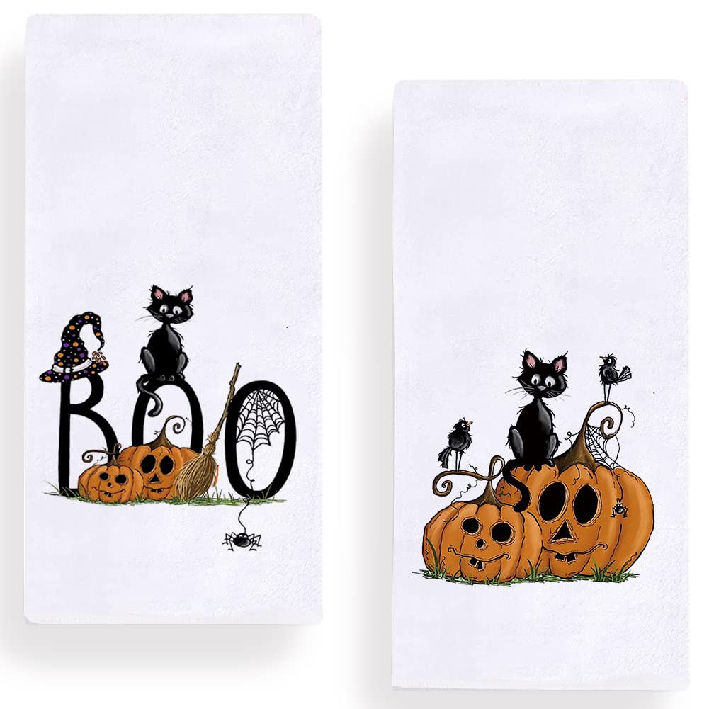 Halloween Black Cat Kitchen Dish Towels, 18 x 28 Inch Halloween Boo Pumpkin Holiday Tea Towels for Cooking Baking Set of 2