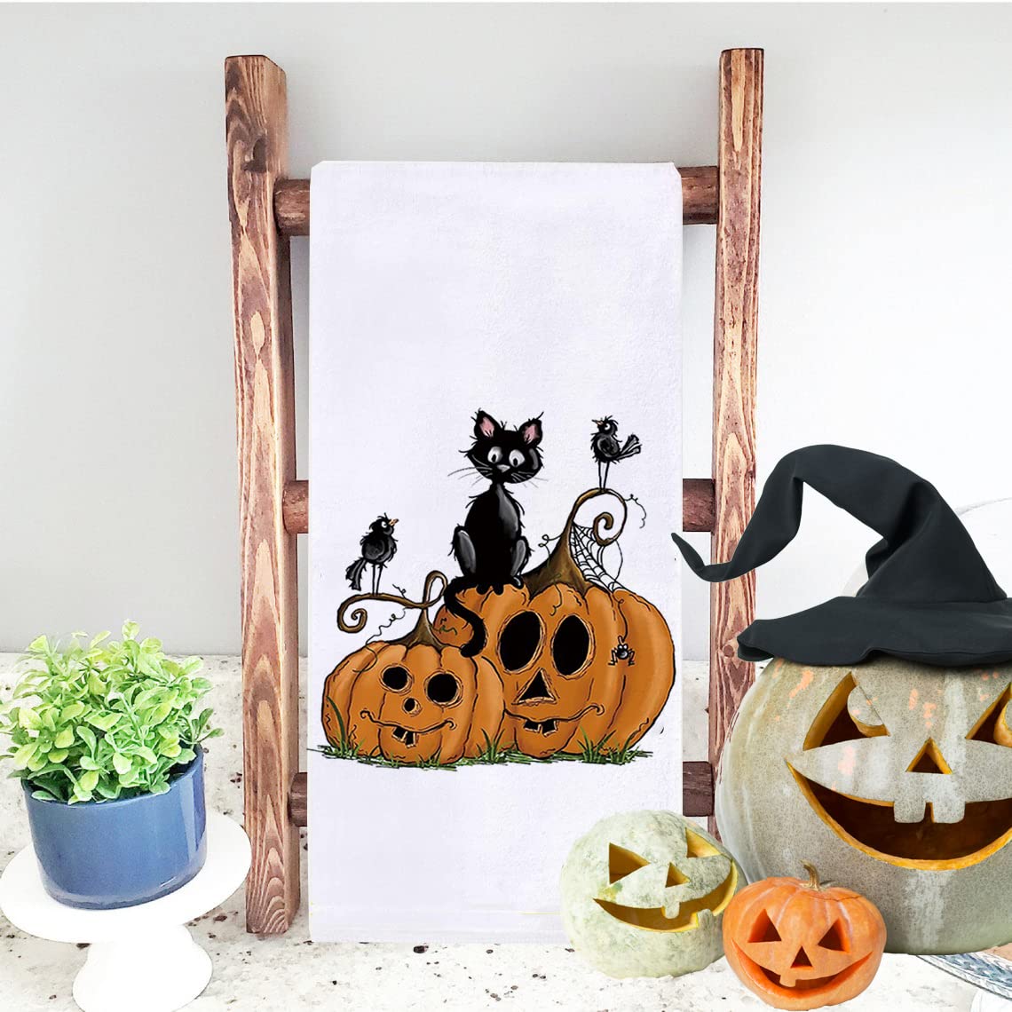 Halloween Black Cat Kitchen Dish Towels, 18 x 28 Inch Halloween Boo Pumpkin Holiday Tea Towels for Cooking Baking Set of 2