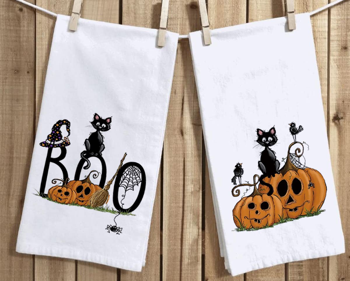 Halloween Black Cat Kitchen Dish Towels, 18 x 28 Inch Halloween Boo Pumpkin Holiday Tea Towels for Cooking Baking Set of 2