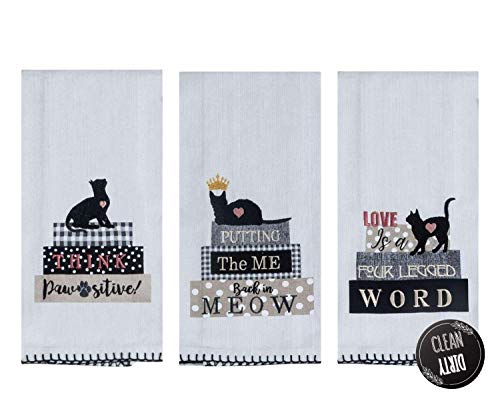 18TH STREET GIFTS Cat Kitchen Towels, Set of 3 Embroidered Dish Towels and Dishwasher Magnet - Cat Kitchen Accessories