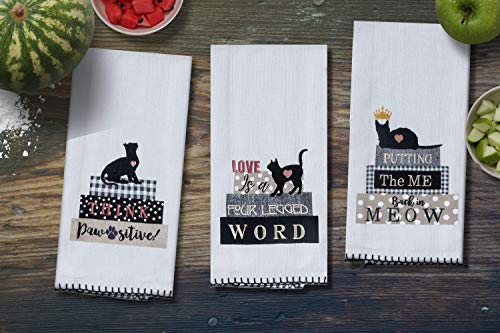 18TH STREET GIFTS Cat Kitchen Towels, Set of 3 Embroidered Dish Towels and Dishwasher Magnet - Cat Kitchen Accessories