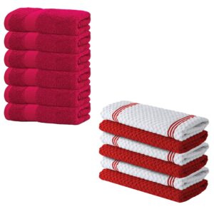 infinitee xclusives bundle of red kitchen towels pack of 6 with hand towels pack of 6 16x28 inches