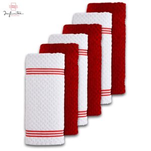 Infinitee Xclusives Bundle of Red Kitchen Towels Pack of 6 with Hand Towels Pack of 6 16x28 Inches