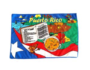 rubio puerto rico kitchen towel with typical images of flag, coquí, lechon a la varita, amapola flower, flamboyan tree and arroz con gandules