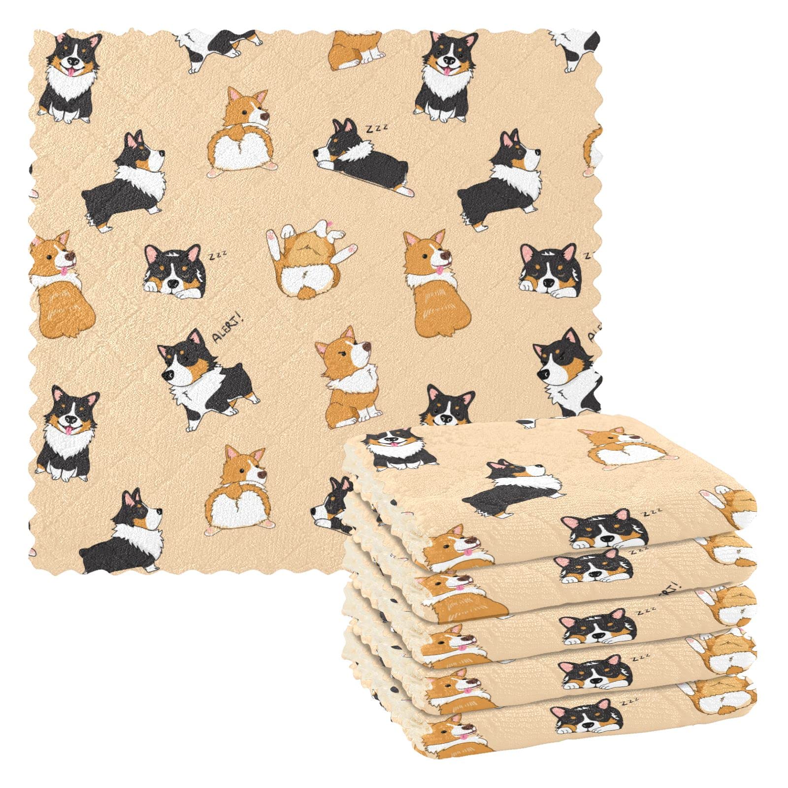 JIPONI 6 Pack Kitchen Dishcloth, Corgi Dog Animal Absorbent Dish Towels Reusable Soft Cleaning Cloths 11 x 11 inch