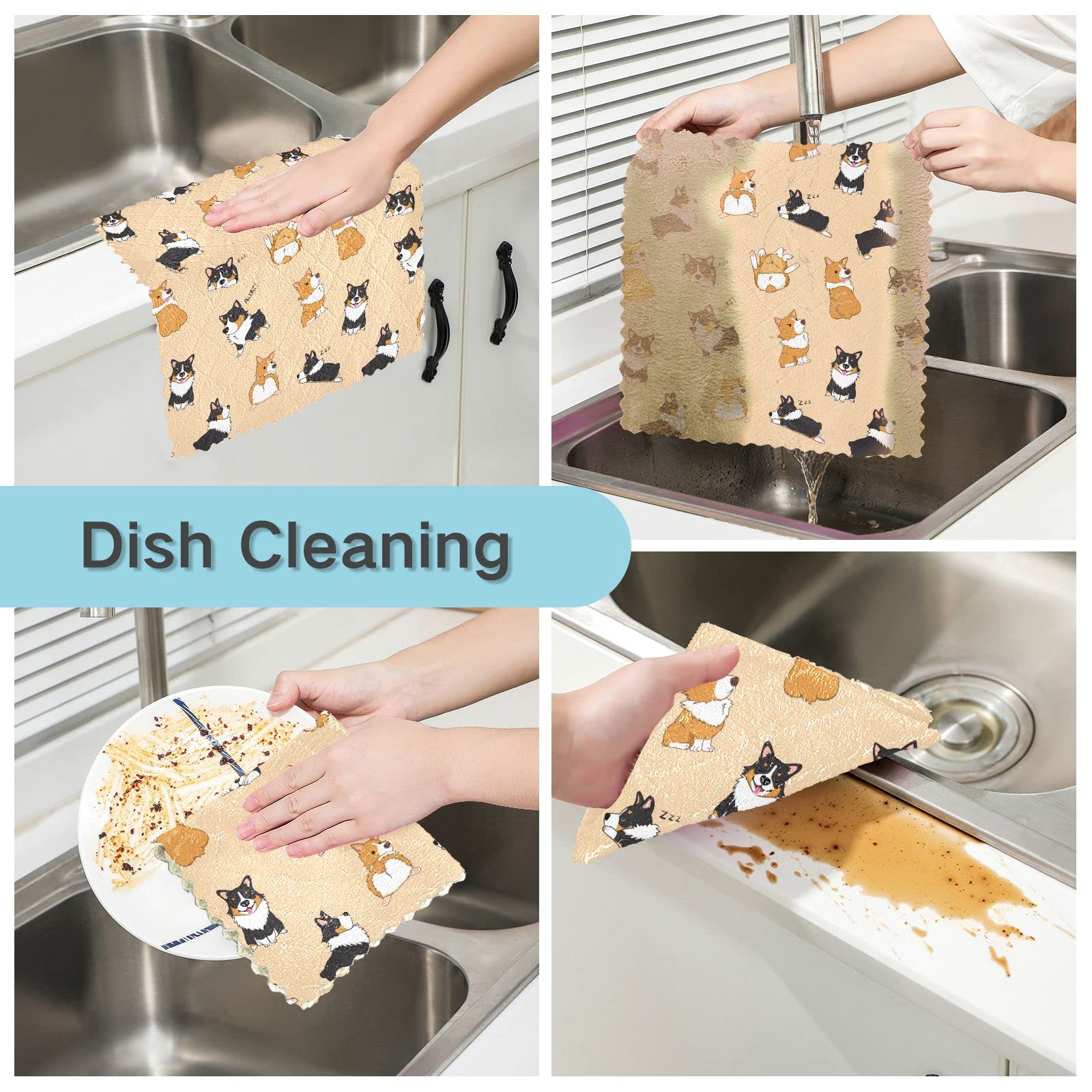 JIPONI 6 Pack Kitchen Dishcloth, Corgi Dog Animal Absorbent Dish Towels Reusable Soft Cleaning Cloths 11 x 11 inch