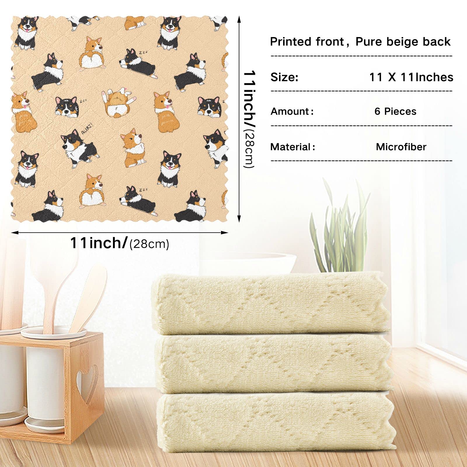 JIPONI 6 Pack Kitchen Dishcloth, Corgi Dog Animal Absorbent Dish Towels Reusable Soft Cleaning Cloths 11 x 11 inch