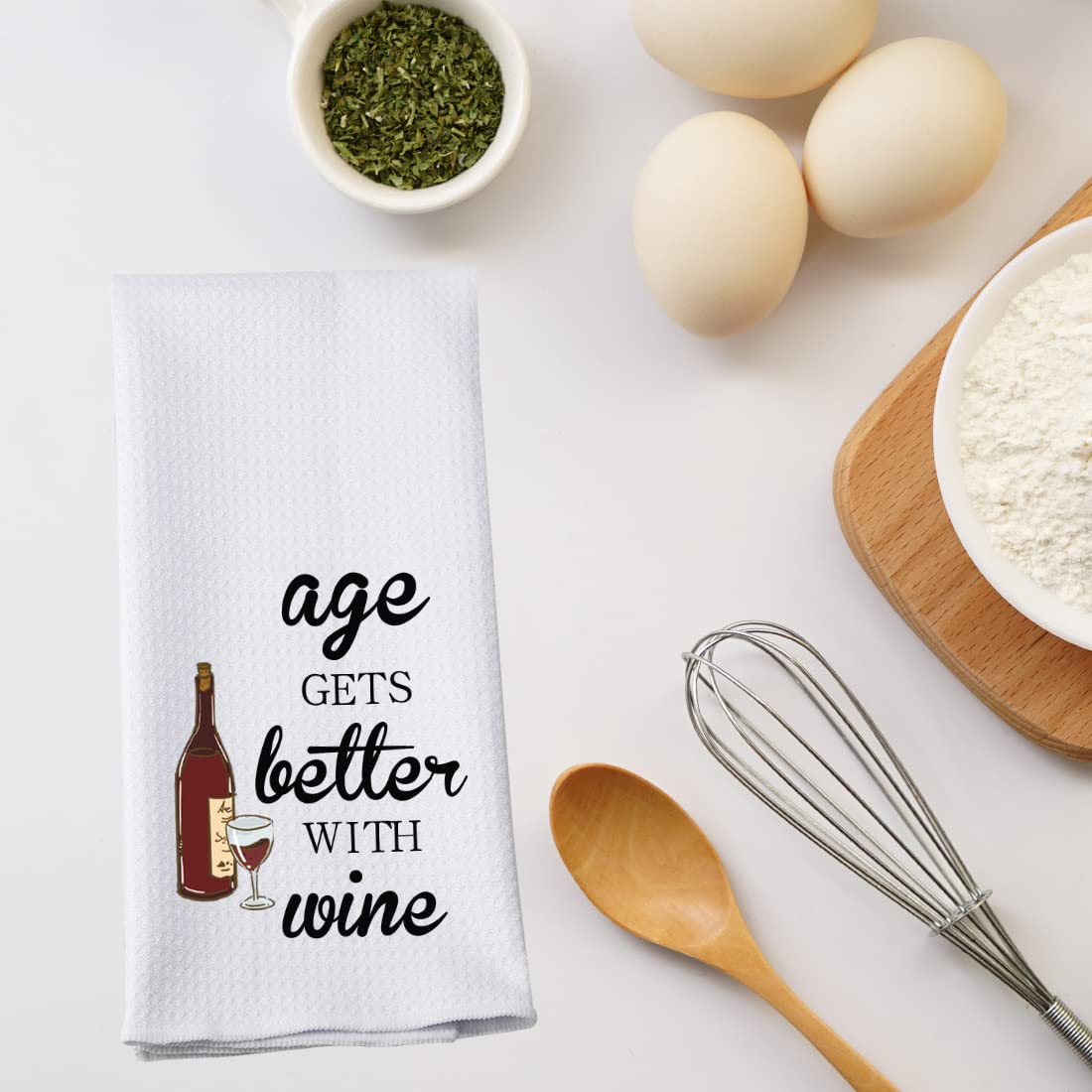 PWHAOO Funny Wine Kitchen Towel Age Gets Better with Wine Kitchen Towel Wine Party Kitchen Towel (Age GETS Better T)