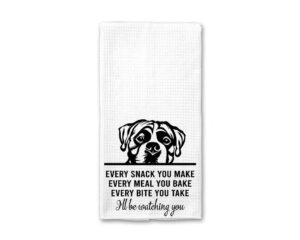 htdesigns boxer dog, tea towel, every snack you make, every bite you take, kitchen decor, dish towels, boxer dog mom, boxer gifts, waffle weave kitchen towel