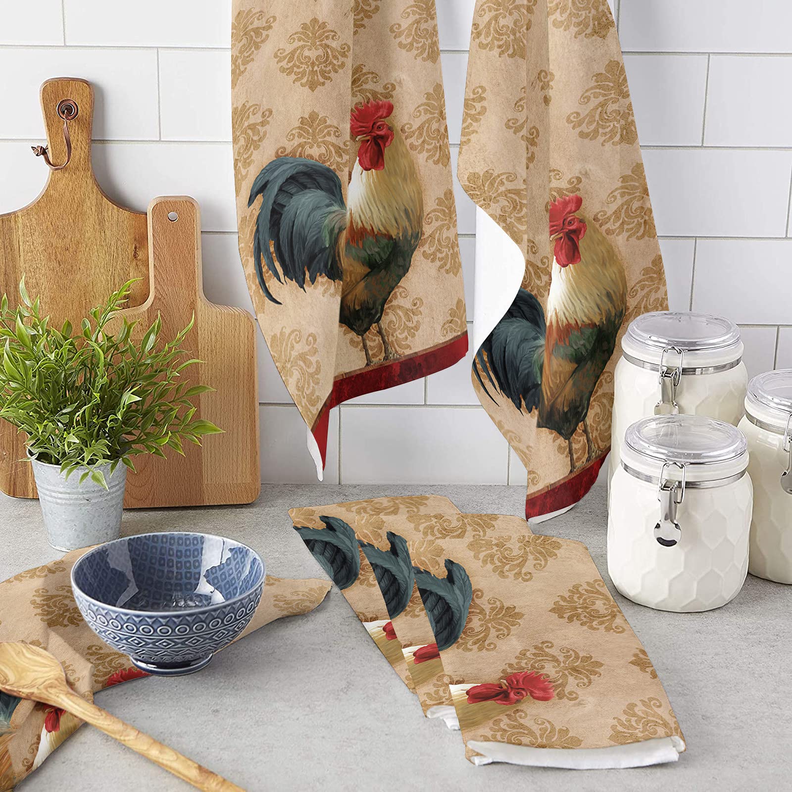 Kitchen Dish Towels 1 Pack-Super Absorbent Soft Microfiber,Farm Rooster Vintage Pattern Cleaning Dishcloth Hand Towels Tea Towels for Kitchen Bathroom Bar