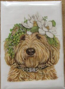 mary lake thompson flour sack towel doodle dog in floral crown