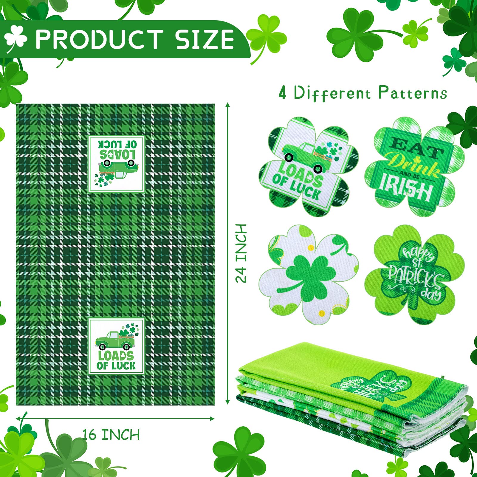 4 Pieces St. Patrick's Day Dishtowel Buffalo Plaid Shamrock Clover Towel Shamrock Kitchen Dishcloth Decorative Bathroom Towel for Kitchen Home Supplies, 16 x 24 Inches