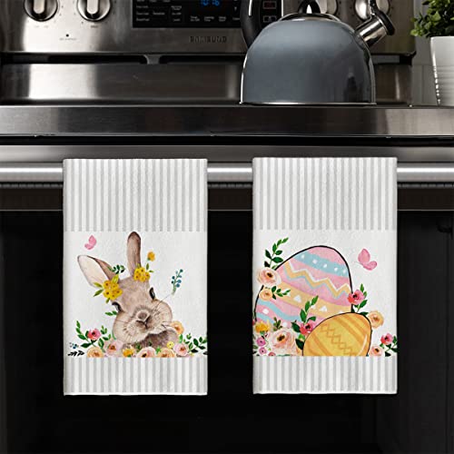 Artoid Mode Stripes Beige Bunny Rabbit Eggs Easter Kitchen Towels Dish Towels, 18x26 Inch Seasonal Spring Flowers Leaves Holiday Decoration Hand Towels Set of 2