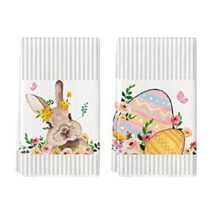 artoid mode stripes beige bunny rabbit eggs easter kitchen towels dish towels, 18x26 inch seasonal spring flowers leaves holiday decoration hand towels set of 2