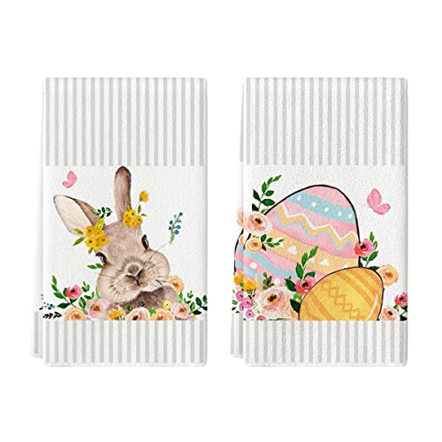 Artoid Mode Stripes Beige Bunny Rabbit Eggs Easter Kitchen Towels Dish Towels, 18x26 Inch Seasonal Spring Flowers Leaves Holiday Decoration Hand Towels Set of 2