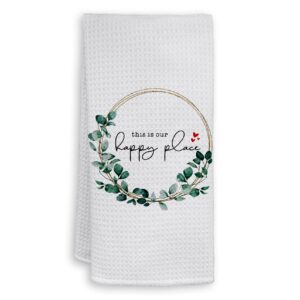 hiwx farmhouse this is our happy place decorative kitchen towels and dish towels, family farmhouse botanical eucalyptus leaf hand towels tea towel for bathroom kitchen decor 16×24 inches
