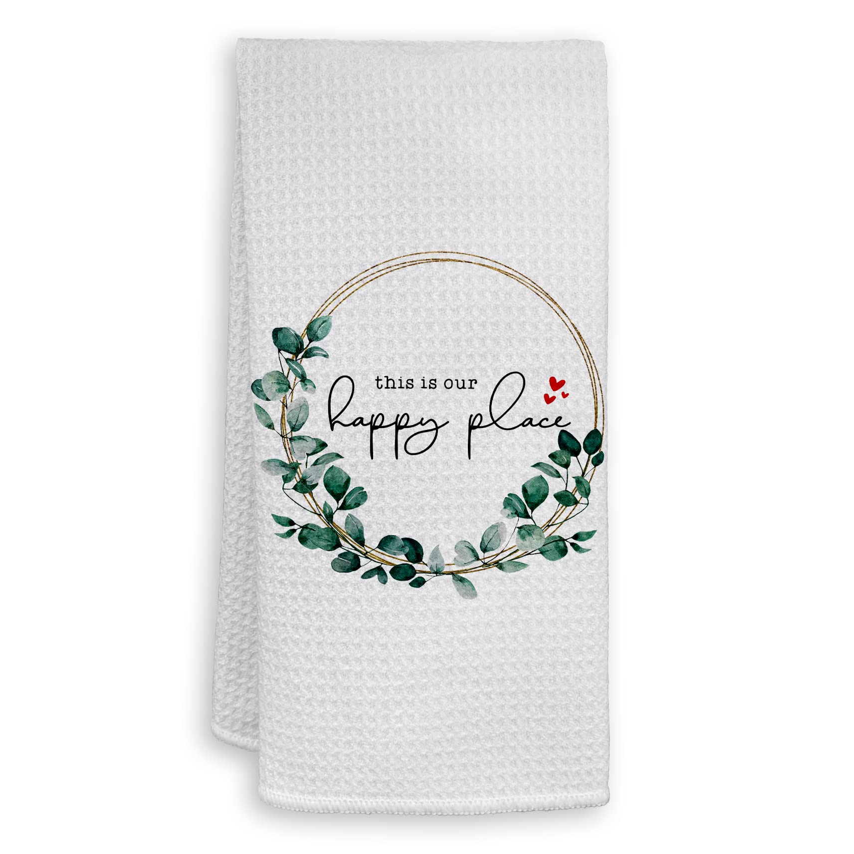 HIWX Farmhouse This is Our Happy Place Decorative Kitchen Towels and Dish Towels, Family Farmhouse Botanical Eucalyptus Leaf Hand Towels Tea Towel for Bathroom Kitchen Decor 16×24 Inches