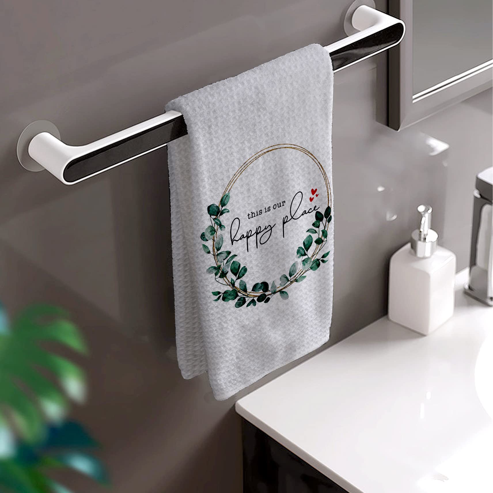 HIWX Farmhouse This is Our Happy Place Decorative Kitchen Towels and Dish Towels, Family Farmhouse Botanical Eucalyptus Leaf Hand Towels Tea Towel for Bathroom Kitchen Decor 16×24 Inches