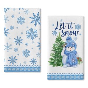 seliem winter let it snow snowman kitchen dish towel set of 2, blue snowflakes chickadee hand drying baking cooking cloth, christmas tree pine cones holiday decor home decorations 18 x 26 inch
