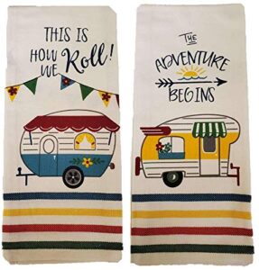 bundle of 2 camper themed kitchen tea towels, this is how we roll and the adventure begins