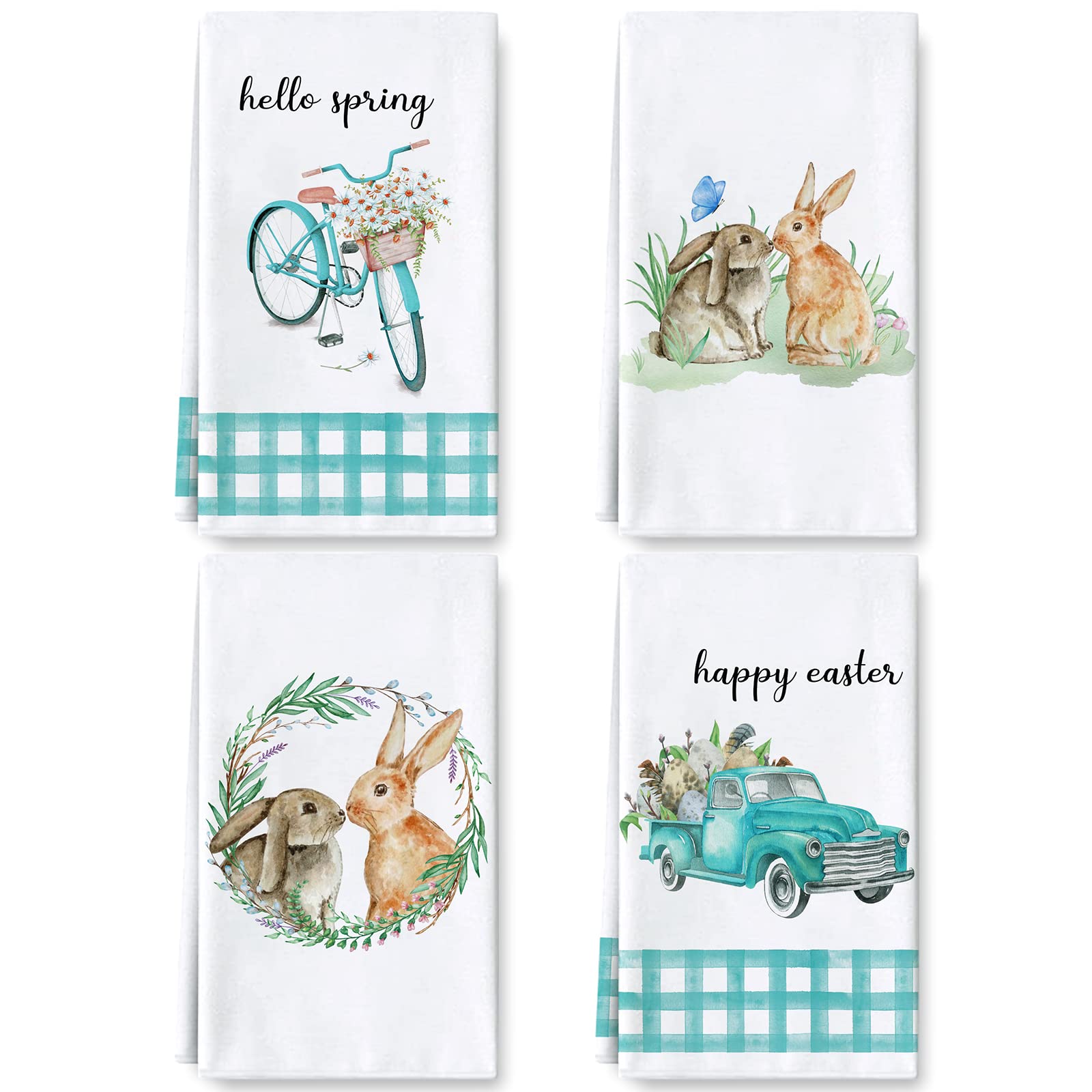 AnyDesign Easter Kitchen Towel Watercolor Easter Bunny Rabbit Truck Bicycle Dish Towel Blue White Plaids Spring Hand Drying Tea Towel for Cooking Baking Cleaning Wipes, Set of 4, 18 x 28 Inch