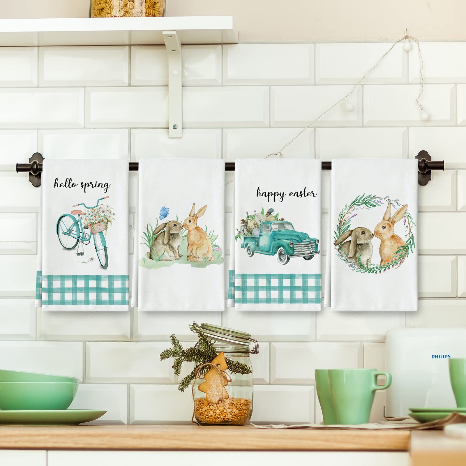 AnyDesign Easter Kitchen Towel Watercolor Easter Bunny Rabbit Truck Bicycle Dish Towel Blue White Plaids Spring Hand Drying Tea Towel for Cooking Baking Cleaning Wipes, Set of 4, 18 x 28 Inch