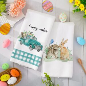 AnyDesign Easter Kitchen Towel Watercolor Easter Bunny Rabbit Truck Bicycle Dish Towel Blue White Plaids Spring Hand Drying Tea Towel for Cooking Baking Cleaning Wipes, Set of 4, 18 x 28 Inch