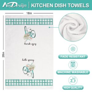 AnyDesign Easter Kitchen Towel Watercolor Easter Bunny Rabbit Truck Bicycle Dish Towel Blue White Plaids Spring Hand Drying Tea Towel for Cooking Baking Cleaning Wipes, Set of 4, 18 x 28 Inch