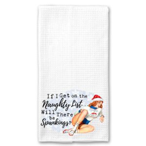 if i get on the naughty list, will there by spankings? funny vintage 1950's housewife pin-up girl waffle weave microfiber towel kitchen linen stocking stuffer holiday christmas gift